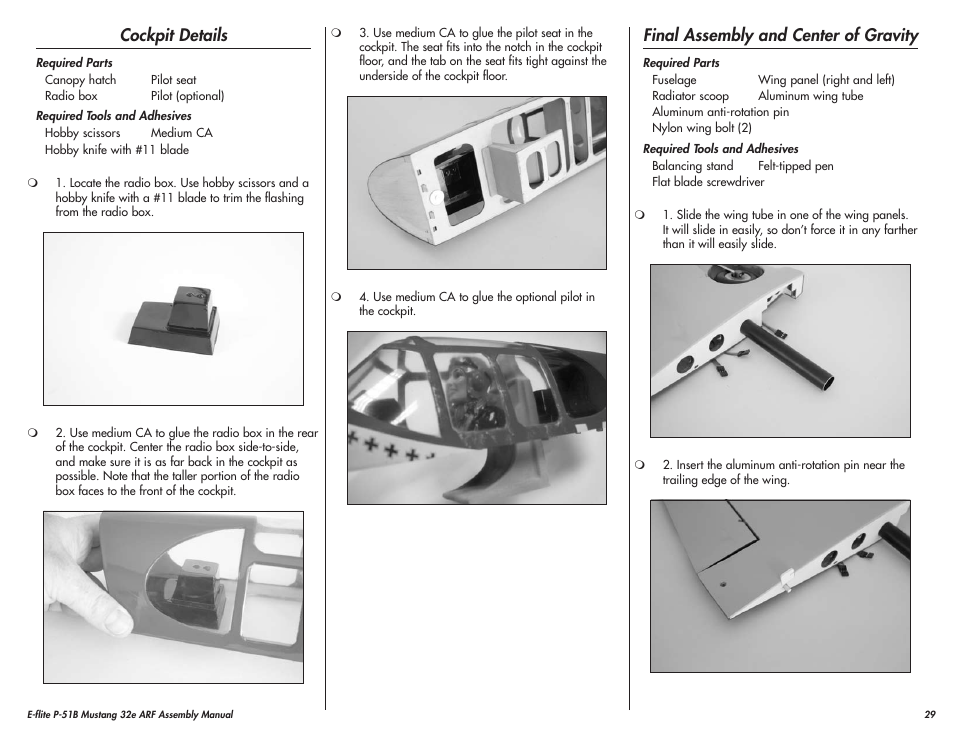 Cockpit details, Final assembly and center of gravity | E-flite P-51B Mustang 32e ARF User Manual | Page 29 / 48