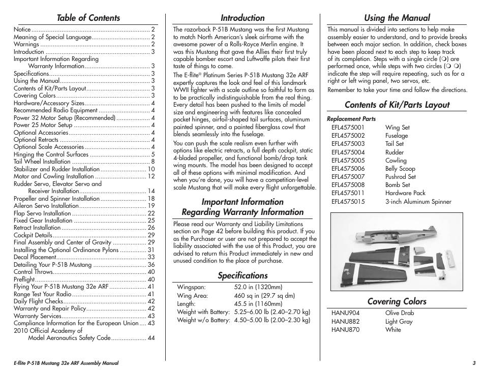 E-flite P-51B Mustang 32e ARF User Manual | Page 3 / 48