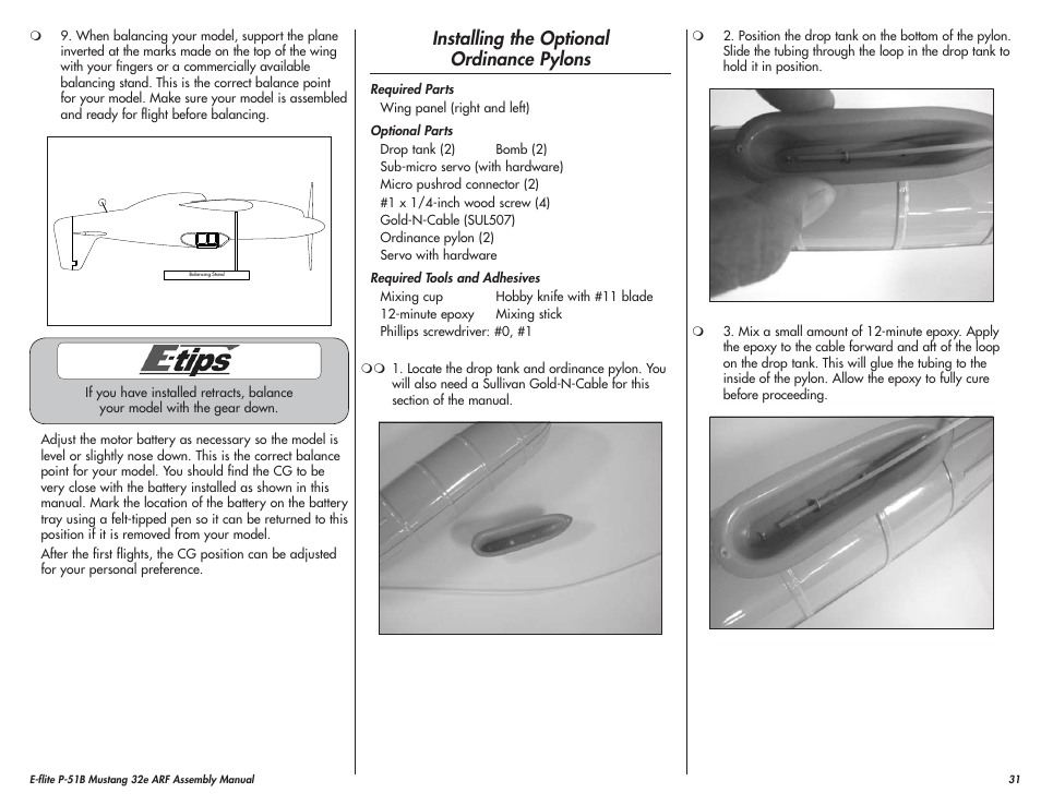 Installing the optional ordinance pylons | E-flite P-51B Mustang 32e ARF User Manual | Page 31 / 48