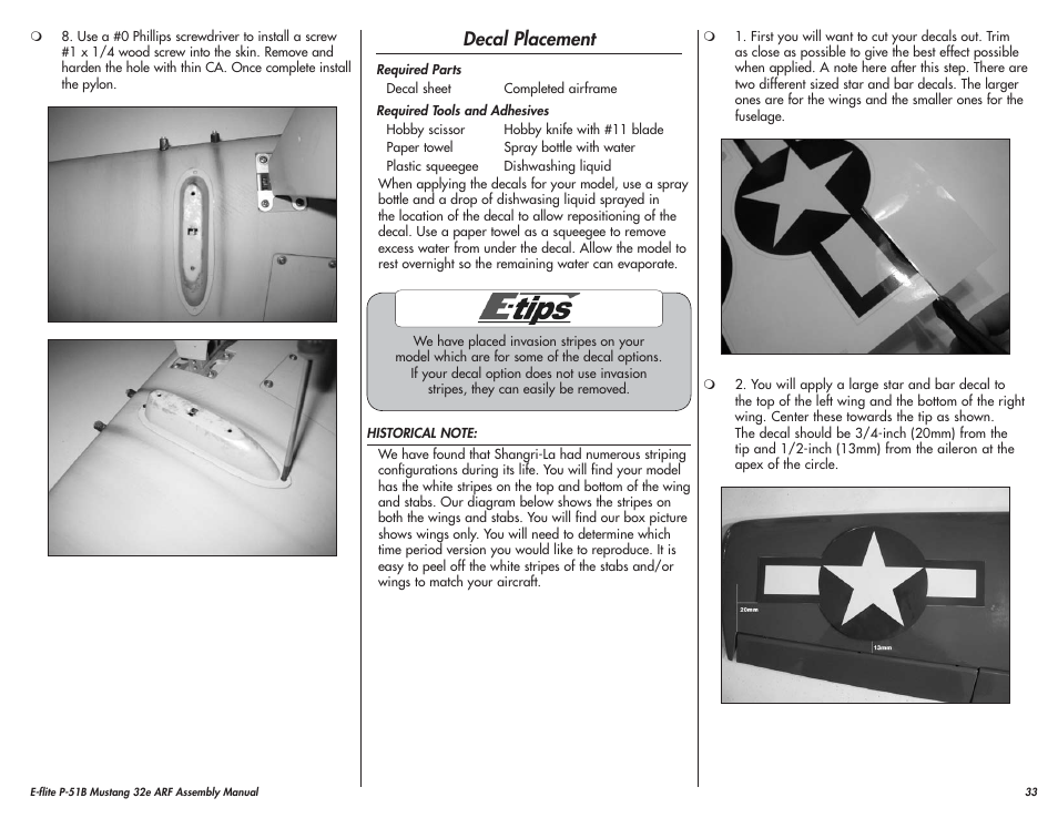 Decal placement | E-flite P-51B Mustang 32e ARF User Manual | Page 33 / 48