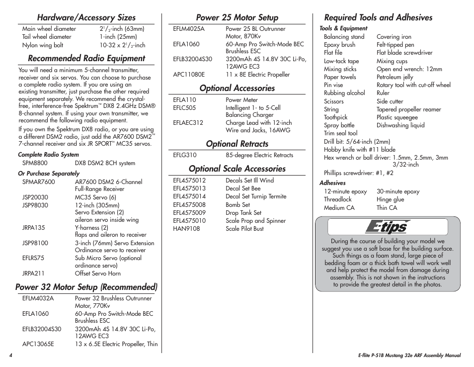 Hardware/accessory sizes, Recommended radio equipment, Power 32 motor setup (recommended) | Power 25 motor setup, Optional accessories, Optional retracts, Optional scale accessories, Required tools and adhesives | E-flite P-51B Mustang 32e ARF User Manual | Page 4 / 48