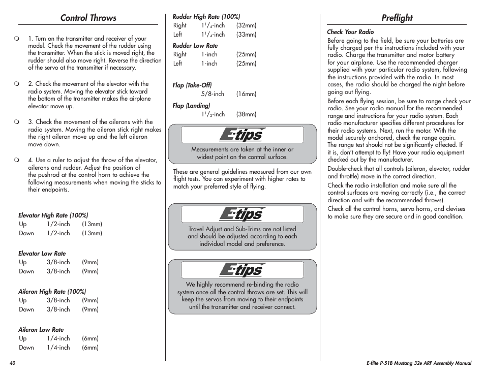 Control throws, Preflight | E-flite P-51B Mustang 32e ARF User Manual | Page 40 / 48