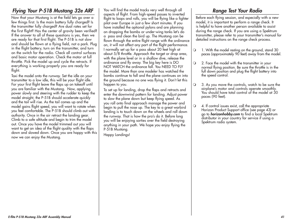 Flying your p-51b mustang 32e arf, Range test your radio | E-flite P-51B Mustang 32e ARF User Manual | Page 41 / 48