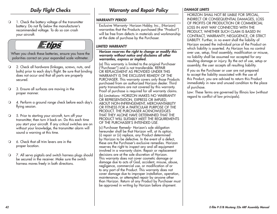 Daily flight checks, Warranty and repair policy | E-flite P-51B Mustang 32e ARF User Manual | Page 42 / 48