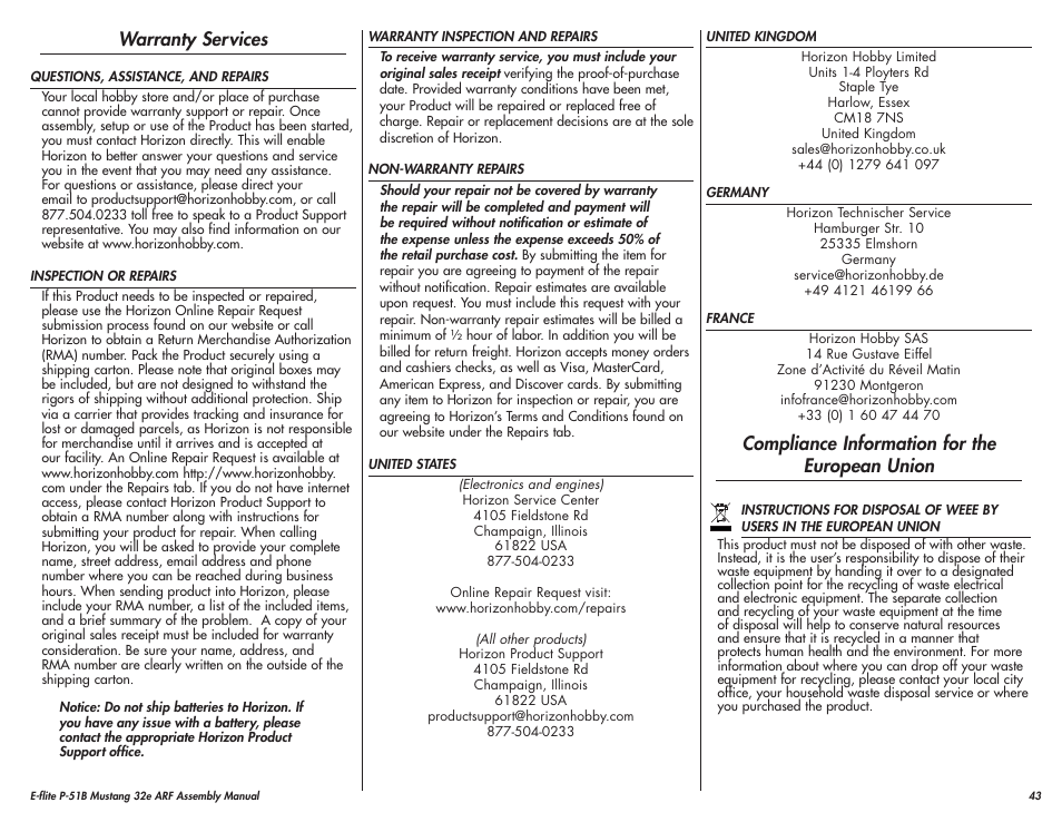 Warranty services, Compliance information for the european union | E-flite P-51B Mustang 32e ARF User Manual | Page 43 / 48