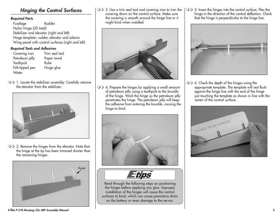 Hinging the control surfaces | E-flite P-51B Mustang 32e ARF User Manual | Page 5 / 48