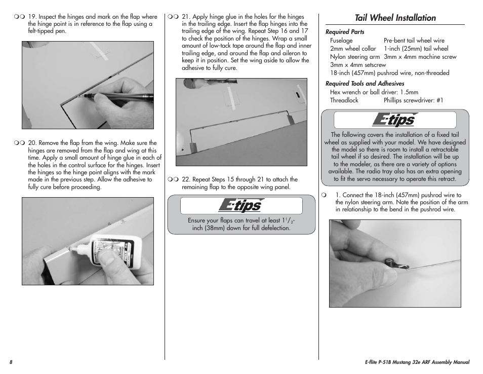 Tail wheel installation | E-flite P-51B Mustang 32e ARF User Manual | Page 8 / 48