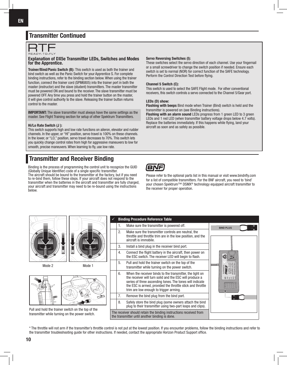 Transmitter continued, Transmitter and receiver binding | E-flite Apprentice S 15e RTF with SAFE User Manual | Page 10 / 28
