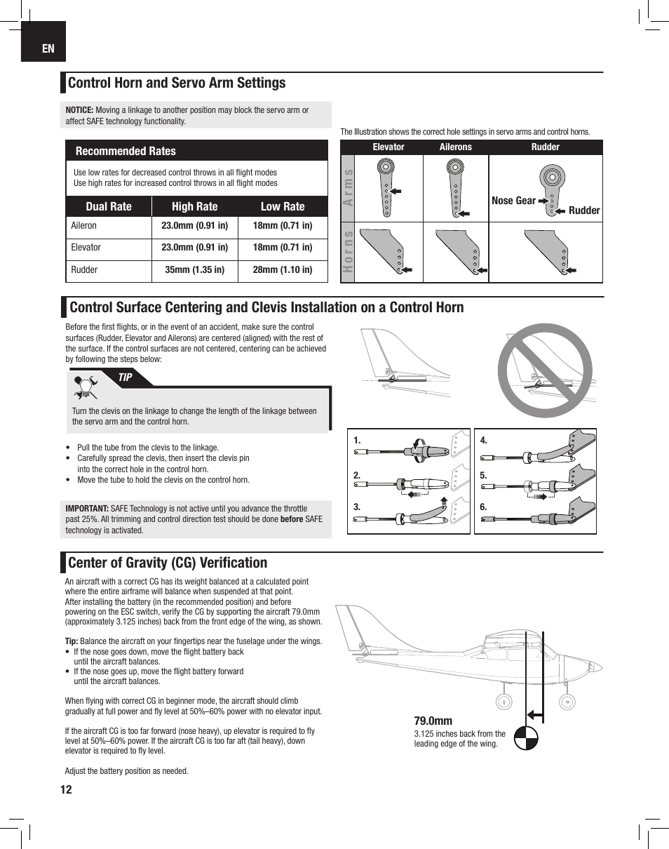 Control horn and servo arm settings, Center of gravity (cg) verification, Arms horns | E-flite Apprentice S 15e RTF with SAFE User Manual | Page 12 / 28
