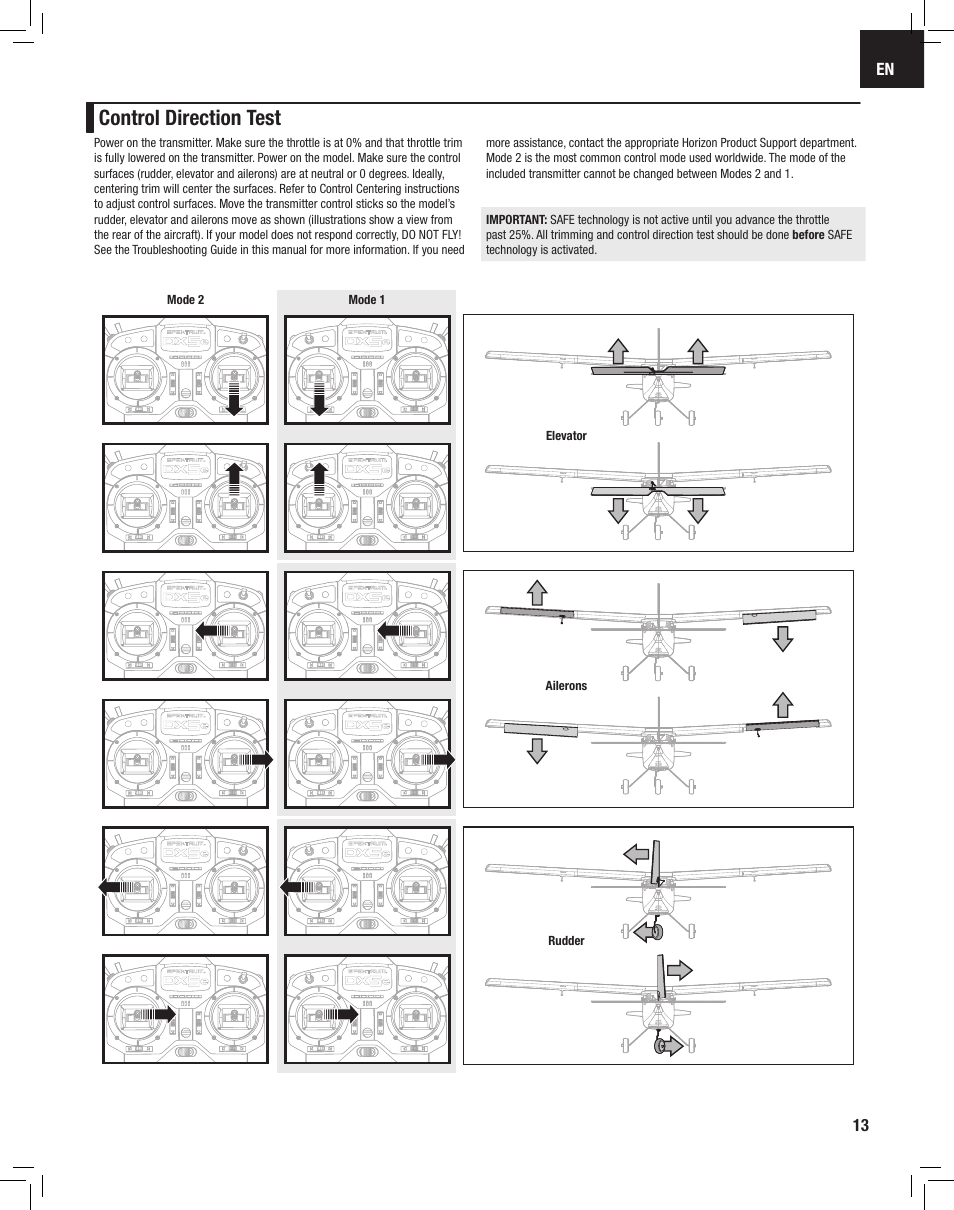 Control direction test | E-flite Apprentice S 15e RTF with SAFE User Manual | Page 13 / 28