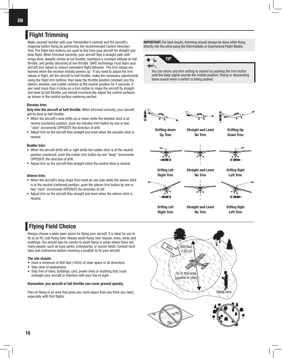Flight trimming flying field choice | E-flite Apprentice S 15e RTF with SAFE User Manual | Page 16 / 28