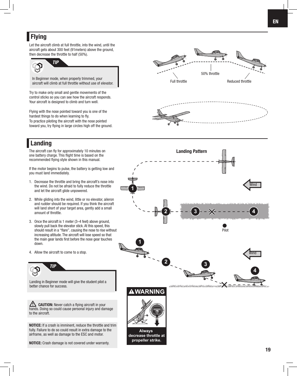 Landing, Flying, Warnung avertissement | E-flite Apprentice S 15e RTF with SAFE User Manual | Page 19 / 28