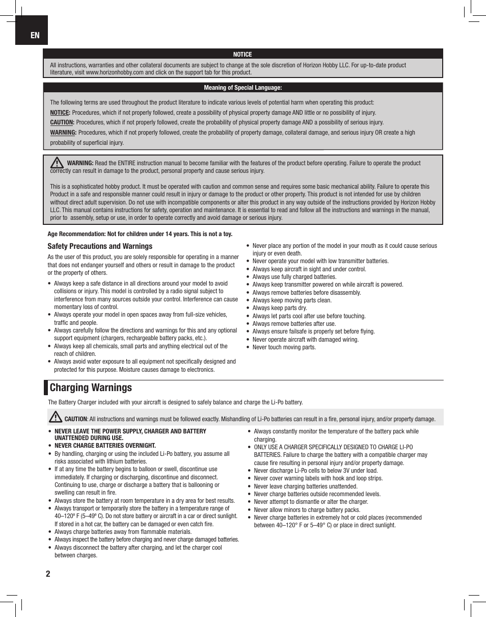 Charging warnings | E-flite Apprentice S 15e RTF with SAFE User Manual | Page 2 / 28