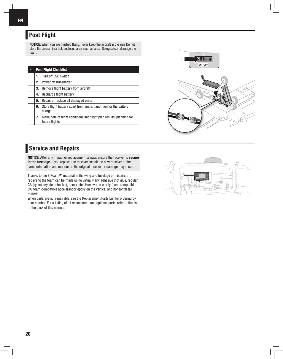 Post flight, Service and repairs | E-flite Apprentice S 15e RTF with SAFE User Manual | Page 20 / 28