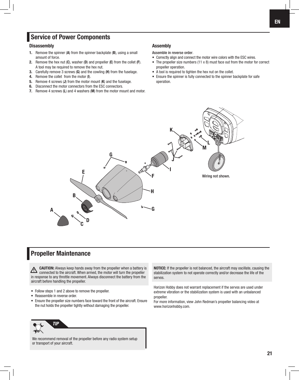 Service of power components propeller maintenance | E-flite Apprentice S 15e RTF with SAFE User Manual | Page 21 / 28