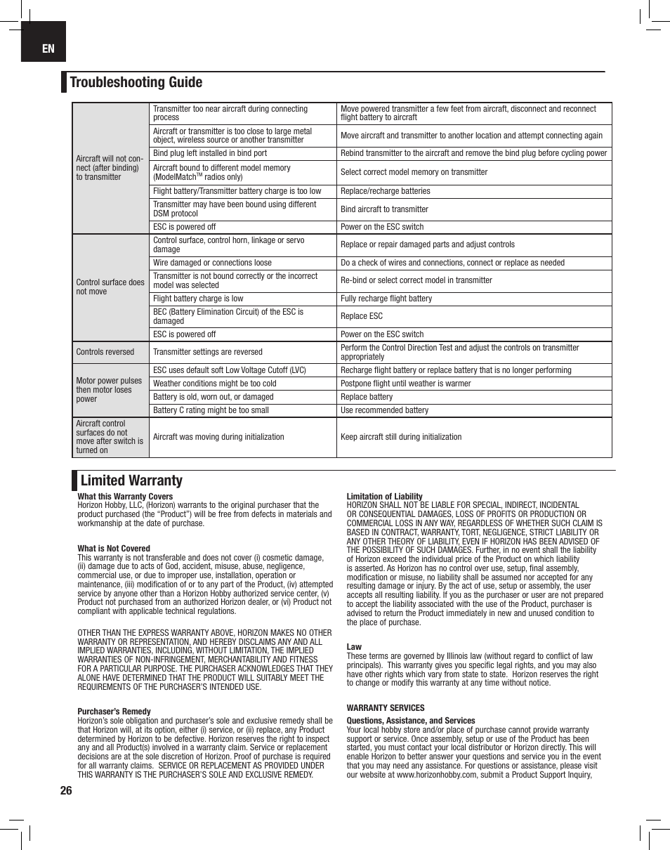 Troubleshooting guide, Limited warranty | E-flite Apprentice S 15e RTF with SAFE User Manual | Page 26 / 28