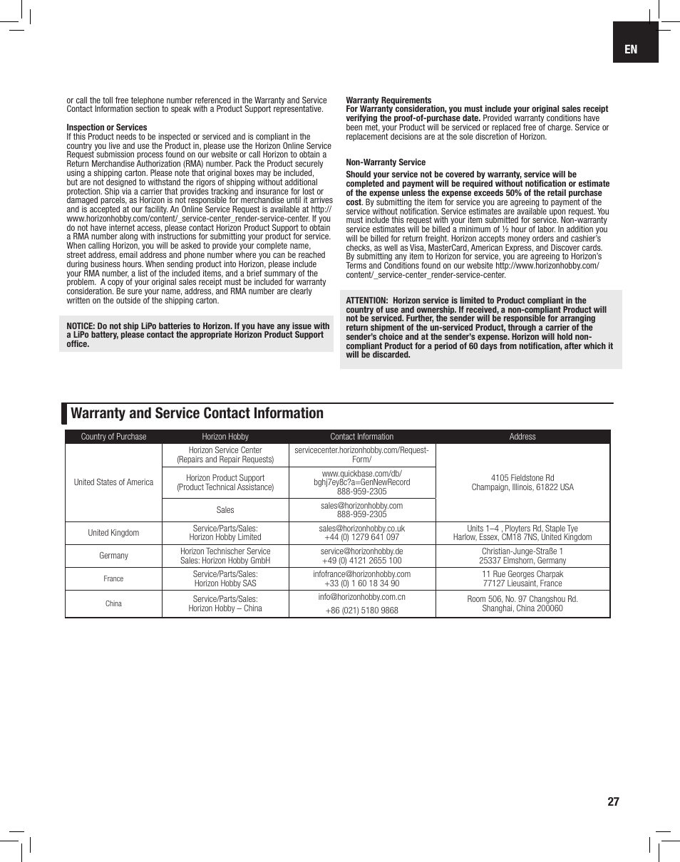 Warranty and service contact information | E-flite Apprentice S 15e RTF with SAFE User Manual | Page 27 / 28