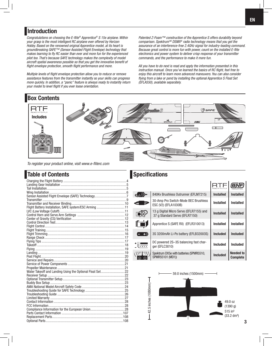 Introduction table of contents box contents, Specifications | E-flite Apprentice S 15e RTF with SAFE User Manual | Page 3 / 28