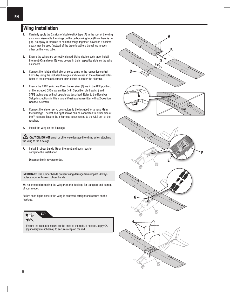 Wing installation | E-flite Apprentice S 15e RTF with SAFE User Manual | Page 6 / 28