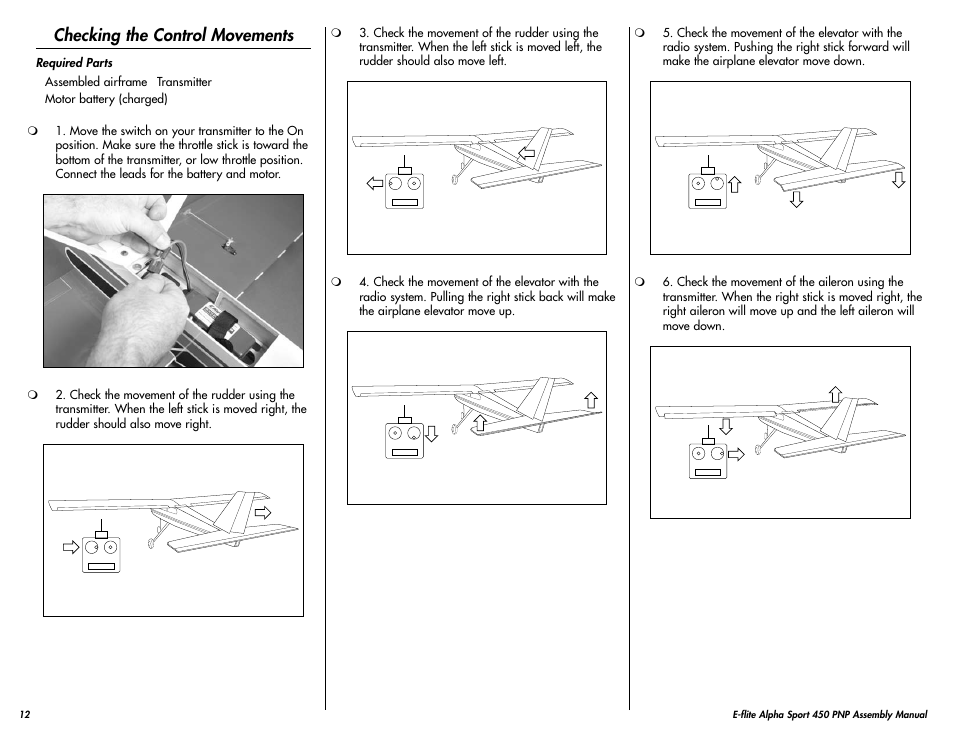 Checking the control movements | E-flite Alpha 450 Sport PNP User Manual | Page 12 / 24