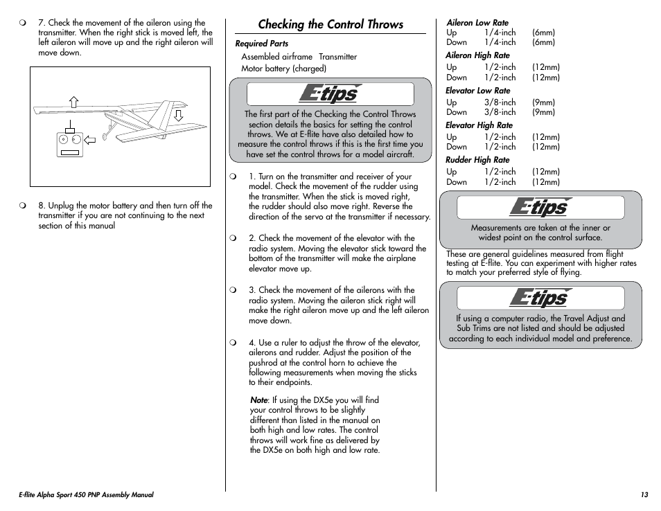 Checking the control throws | E-flite Alpha 450 Sport PNP User Manual | Page 13 / 24