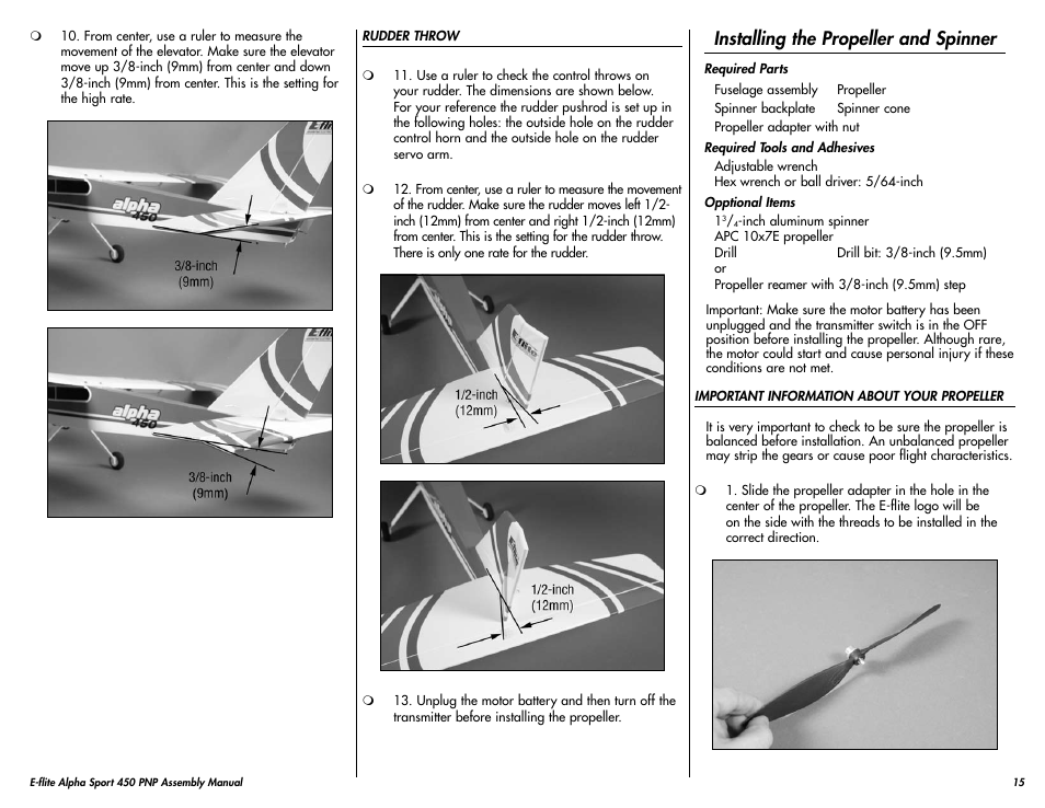 Installing the propeller and spinner | E-flite Alpha 450 Sport PNP User Manual | Page 15 / 24