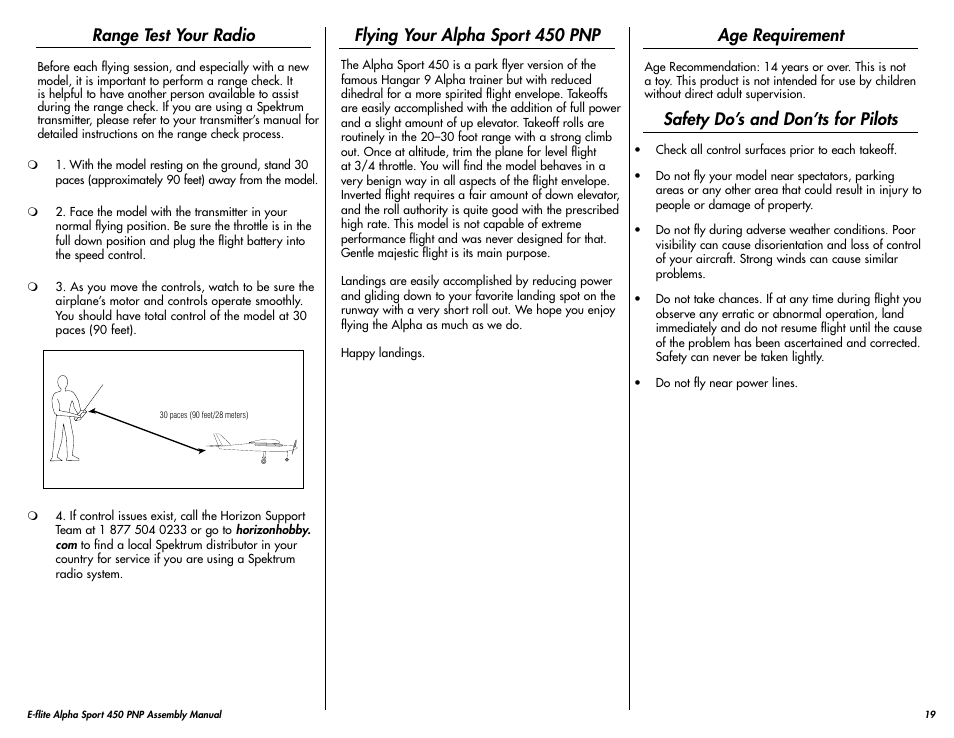 Range test your radio, Flying your alpha sport 450 pnp, Age requirements | Safety do’s and don’ts for pilots, Age requirement | E-flite Alpha 450 Sport PNP User Manual | Page 19 / 24