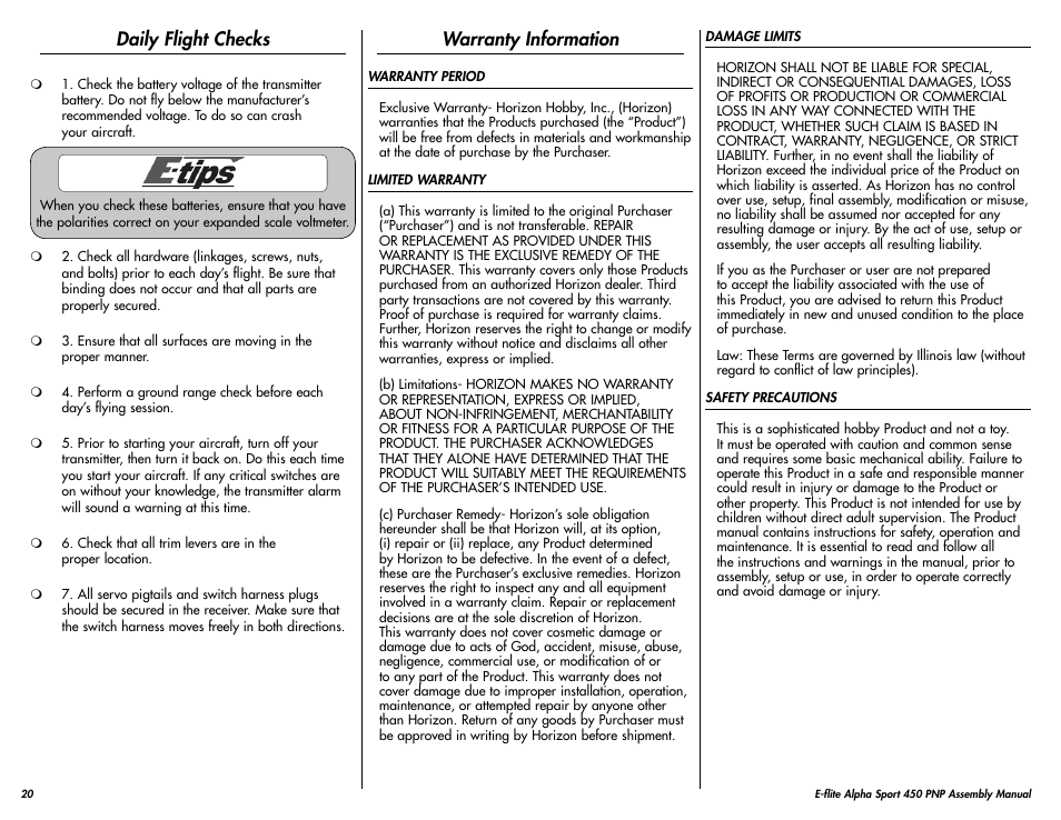 Daily flight checks, Warranty information | E-flite Alpha 450 Sport PNP User Manual | Page 20 / 24