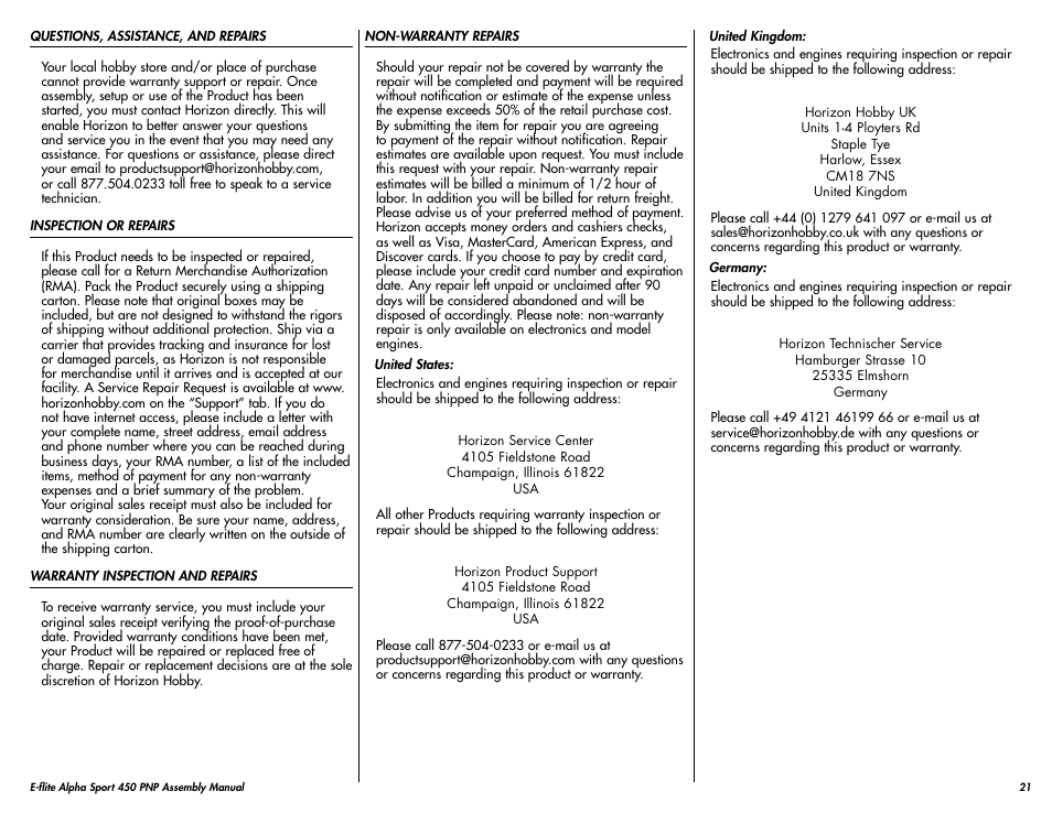 E-flite Alpha 450 Sport PNP User Manual | Page 21 / 24