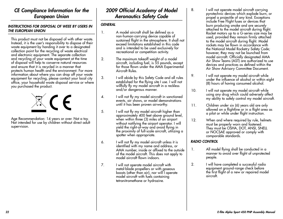 Ce compliance information for the european union | E-flite Alpha 450 Sport PNP User Manual | Page 22 / 24