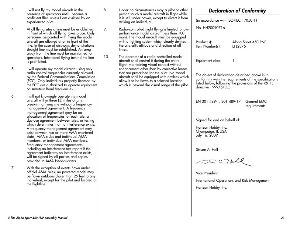 Declaration of conformity | E-flite Alpha 450 Sport PNP User Manual | Page 23 / 24