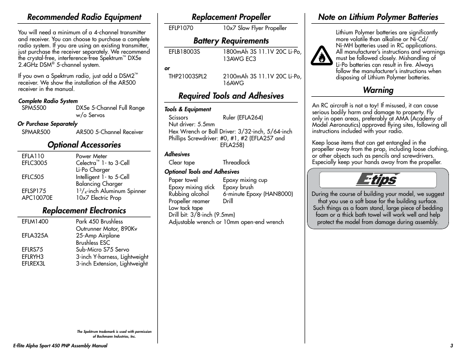 Recommended radio equipment, Optional accessories, Replacement propeller | Battery requirements, Required tools and adhesives, Note on lithium polymer batteries, Warning, Replacement electronics | E-flite Alpha 450 Sport PNP User Manual | Page 3 / 24