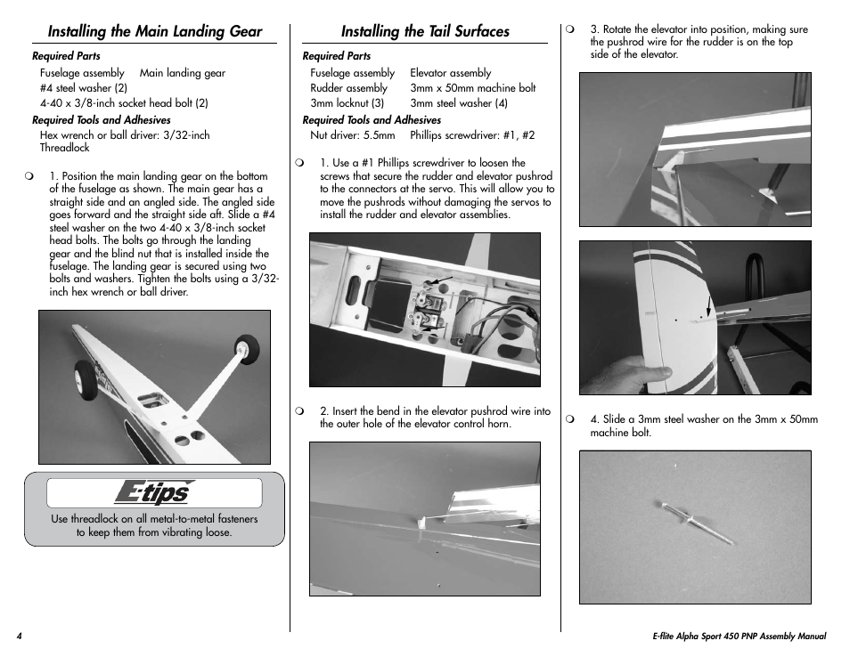 Installing the main landing gear, Installing the tail surfaces | E-flite Alpha 450 Sport PNP User Manual | Page 4 / 24