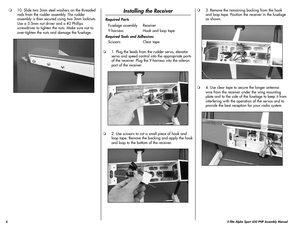 Installing the receiver | E-flite Alpha 450 Sport PNP User Manual | Page 6 / 24