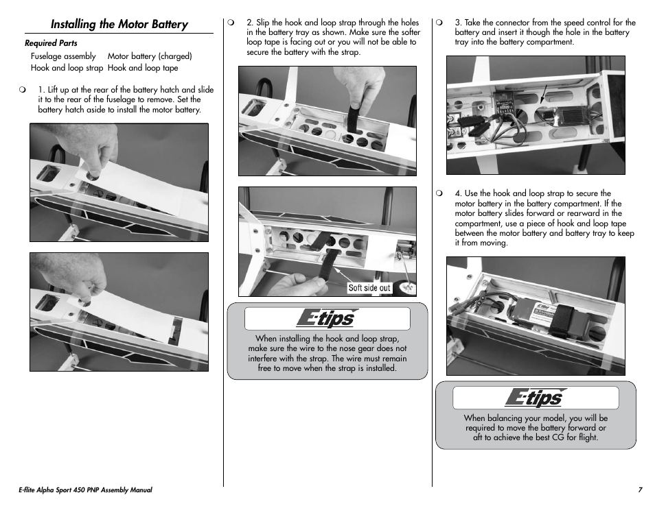 Installing the motor battery | E-flite Alpha 450 Sport PNP User Manual | Page 7 / 24