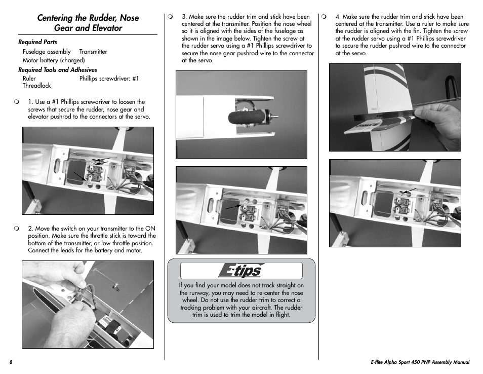 Centering the rudder, nose gear and elevator | E-flite Alpha 450 Sport PNP User Manual | Page 8 / 24