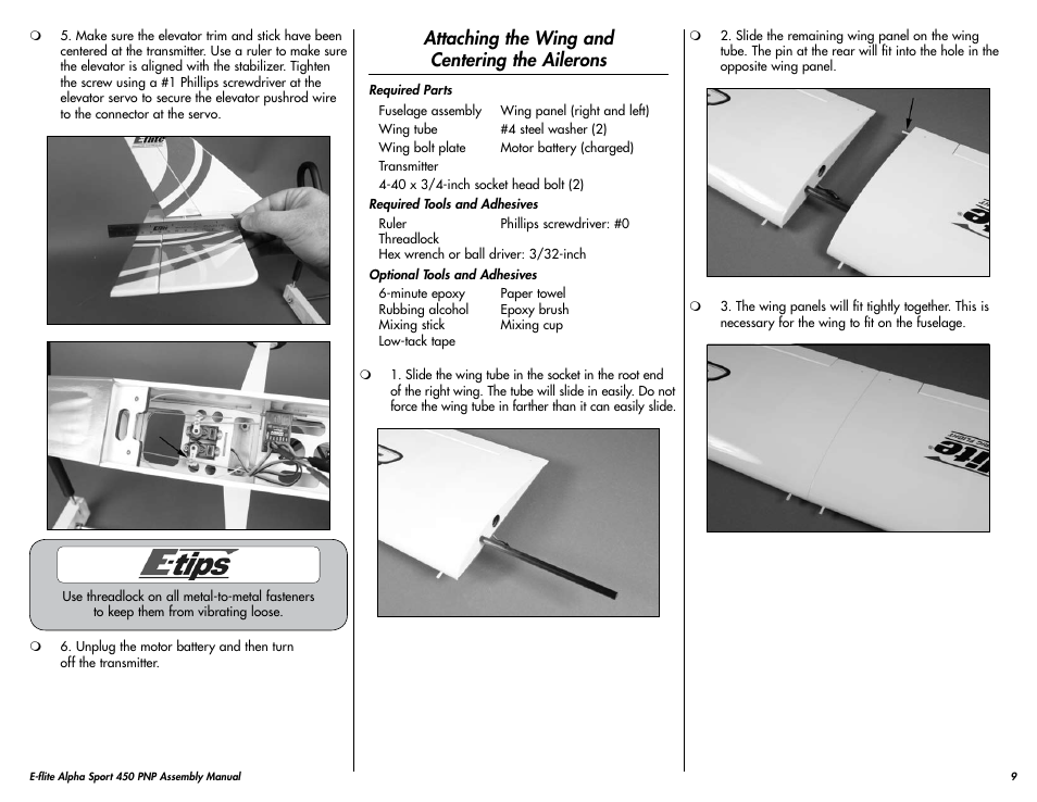 Attaching the wing and centering the ailerons | E-flite Alpha 450 Sport PNP User Manual | Page 9 / 24