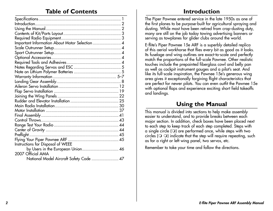 E-flite Piper Pawnee 15e ARF User Manual | Page 2 / 48