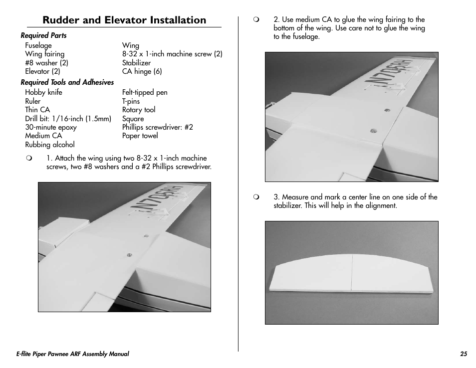 Rudder and elevator installation | E-flite Piper Pawnee 15e ARF User Manual | Page 25 / 48