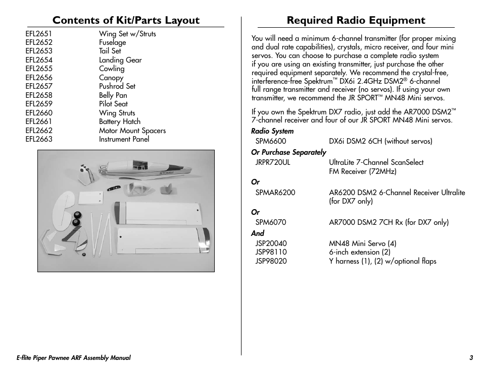 Contents of kit/parts layout, Required radio equipment | E-flite Piper Pawnee 15e ARF User Manual | Page 3 / 48