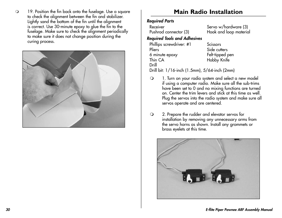 Main radio installation | E-flite Piper Pawnee 15e ARF User Manual | Page 30 / 48