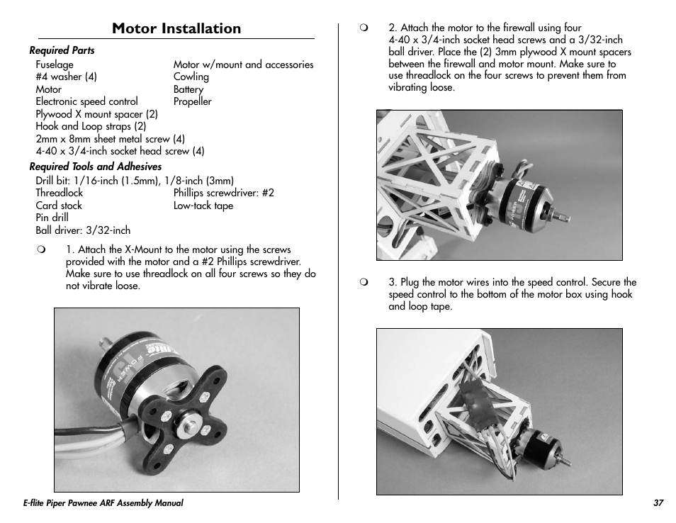 Motor installation | E-flite Piper Pawnee 15e ARF User Manual | Page 37 / 48