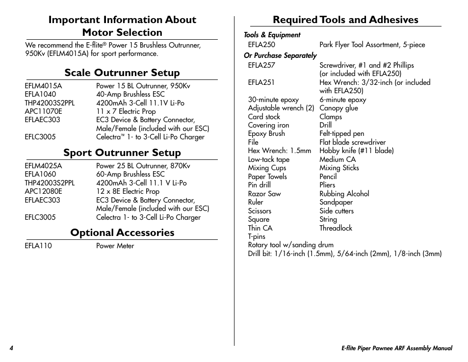 Important information about motor selection, Scale outrunner setup, Sport outrunner setup | Optional accessories, Required tools and adhesives | E-flite Piper Pawnee 15e ARF User Manual | Page 4 / 48