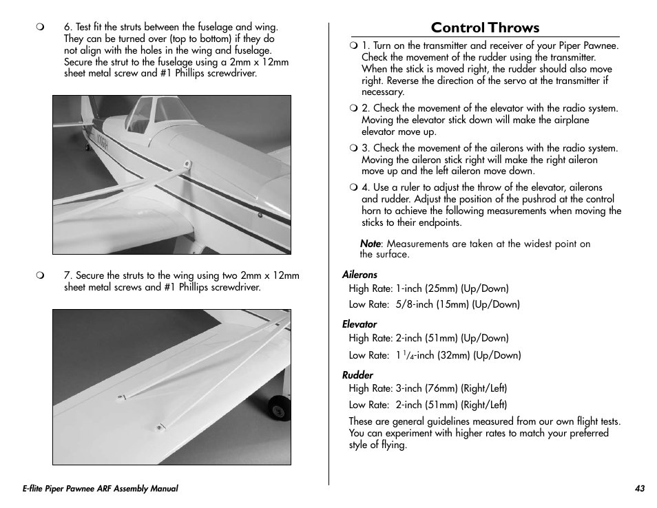 Control throws | E-flite Piper Pawnee 15e ARF User Manual | Page 43 / 48