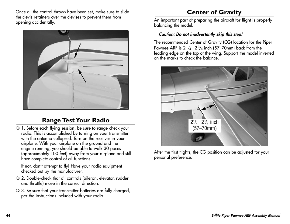 Range test your radio, Center of gravity | E-flite Piper Pawnee 15e ARF User Manual | Page 44 / 48