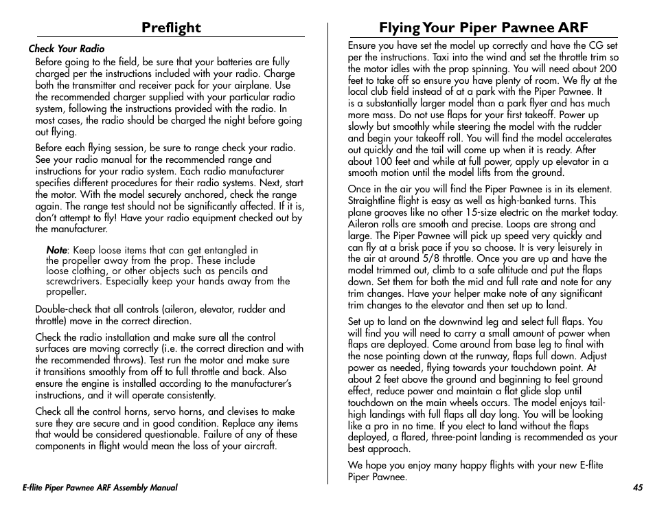 Preflight, Flying your piper pawnee arf | E-flite Piper Pawnee 15e ARF User Manual | Page 45 / 48