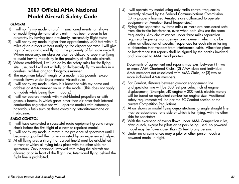 E-flite Piper Pawnee 15e ARF User Manual | Page 47 / 48