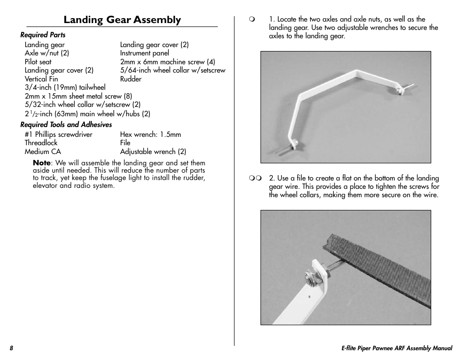 Landing gear assembly | E-flite Piper Pawnee 15e ARF User Manual | Page 8 / 48