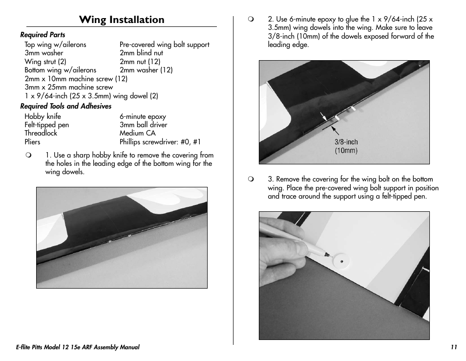 Wing installation | E-flite Pitts Model 12 15e ARF User Manual | Page 11 / 36