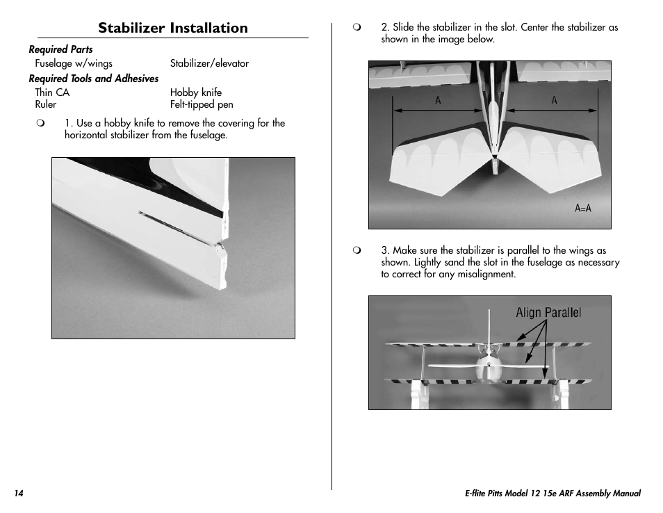 Stabilizer installation | E-flite Pitts Model 12 15e ARF User Manual | Page 14 / 36